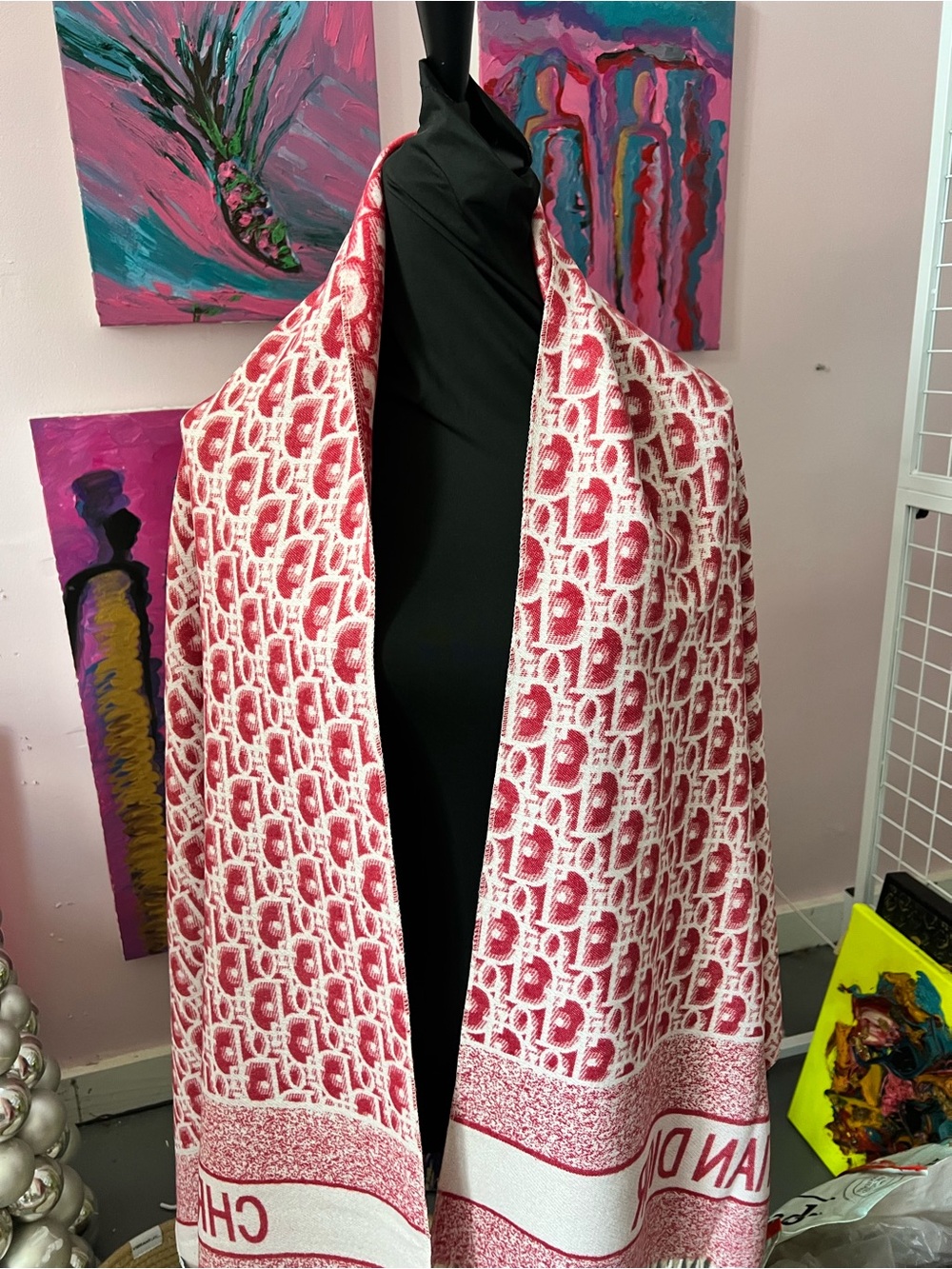 Dior Red and White Logo Knit Scarf